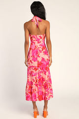 Always Eye-Catching Hot Pink Floral Tiered Halter Midi Dress