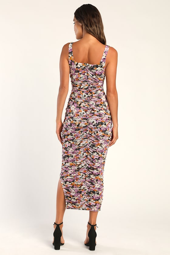 V.I.P. Treatment Black Floral Mesh Ruched Bodycon Midi Dress