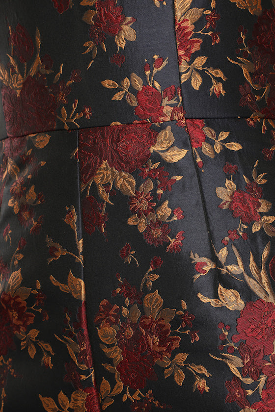 New Glam Midnight Blue Floral Jacquard Off-the-Shoulder Jumpsuit