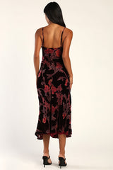Divine Allure Burgundy Floral Burnout Velvet Midi Dress
