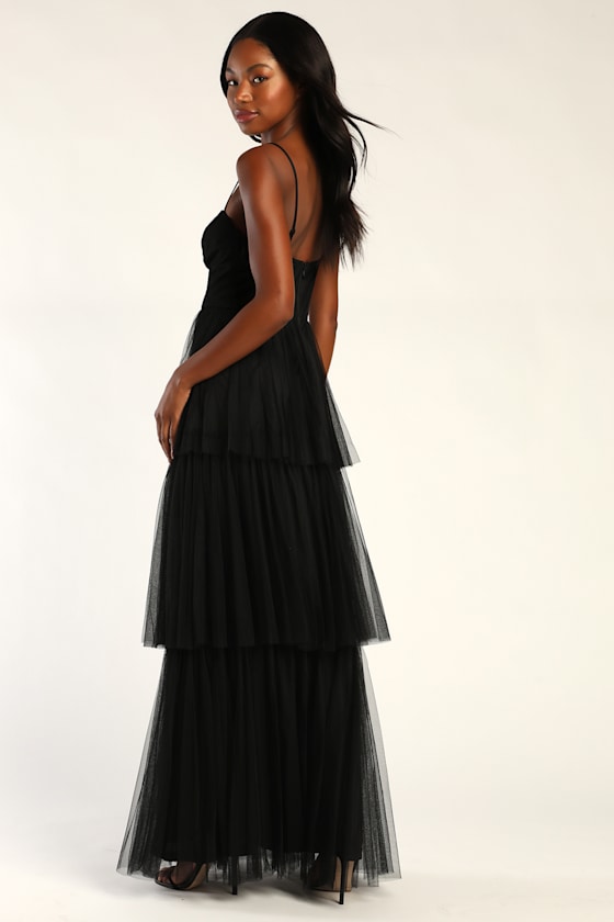 Tulle-y Amazing Black Tulle Sleeveless Bustier Maxi Dress