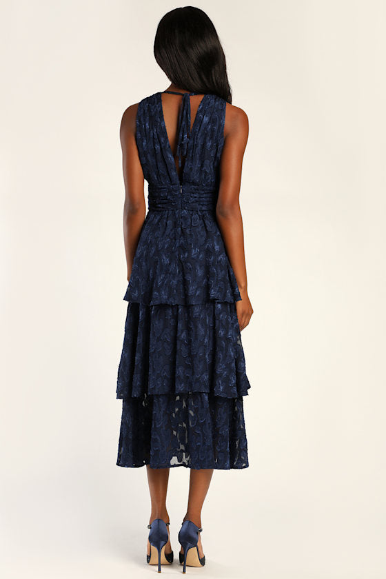 Make It Mesmerizing Navy Blue Jacquard Tiered Midi Dress
