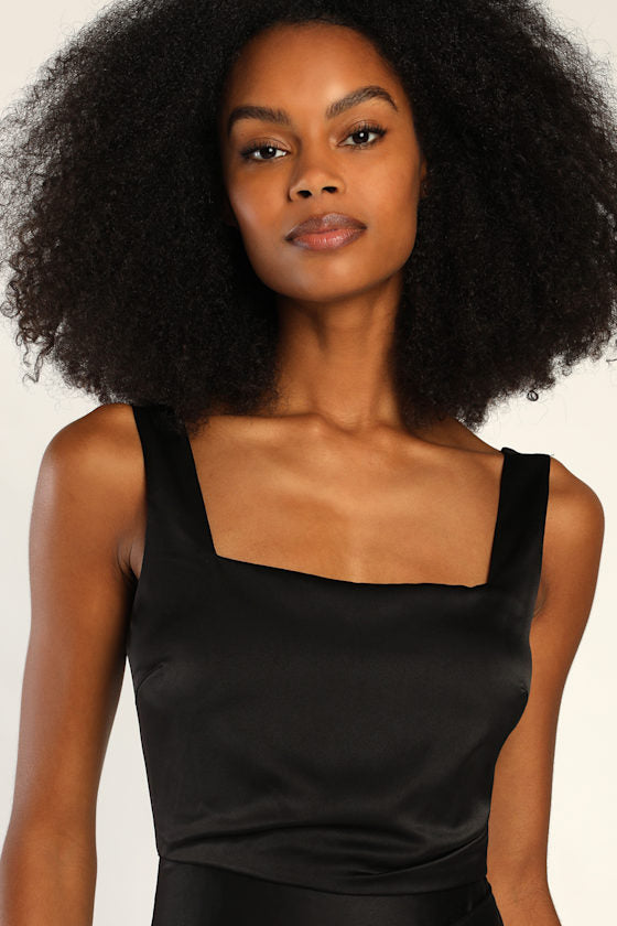 Red Carpet Romance Black Satin Square Neck Maxi Dress
