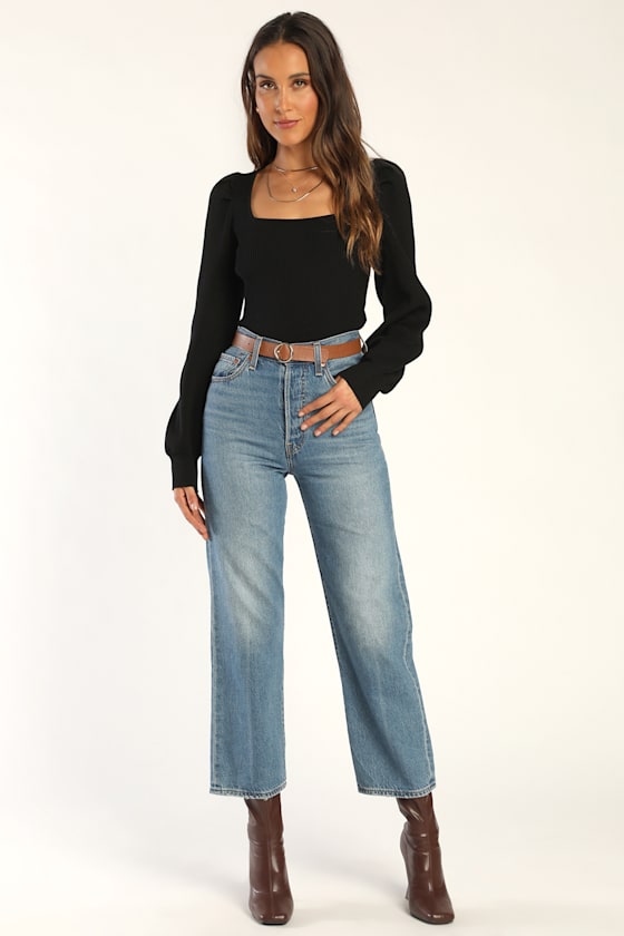 Trendy Classic Black Ribbed Knit Balloon Sleeve Top