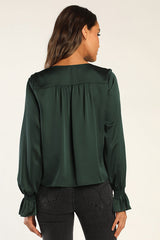Essential Chic Dark Green Satin Long Sleeve Button-Up Top