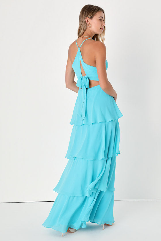 Tier and Now Blue Tie-Back Tiered Maxi Dress