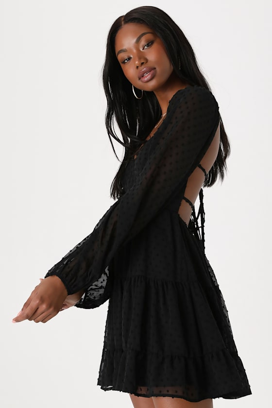 Longing And Love Black Swiss Dot Puff Long Sleeve Mini Dress